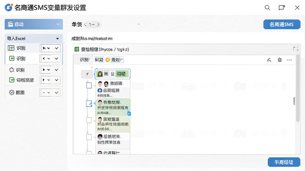 名商通SMS变量群发设置界面,展示导入Excel后自动识别变量并生成个性化短信内容