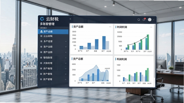 云财税多账套管理界面,左侧列表显示多个账套名称,右侧展示各自资产总额和利润图表,背景为高层办公室,强调管理视角