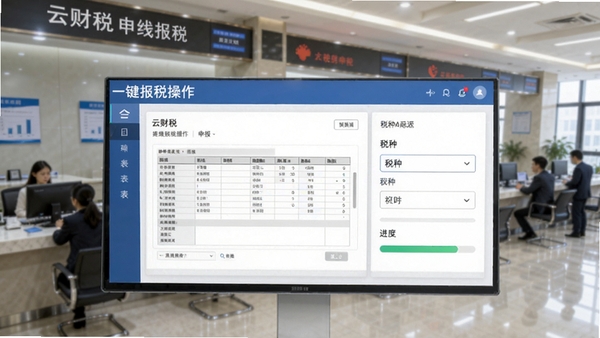 云财税一键报税操作界面,显示申报表预览、税种选择和进度条,背景为税务申报大厅,体现专业可靠