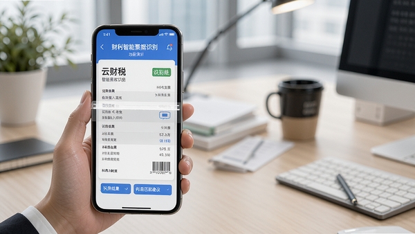 云财税智能票据识别功能演示,手机扫描发票后自动录入系统,界面显示识别结果和科目匹配建议,背景为办公桌面,强调高效便捷