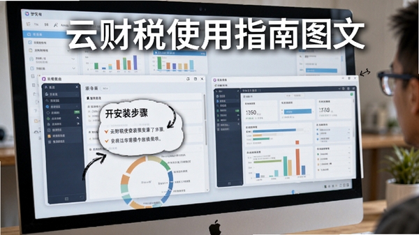 云财税使用指南图文,展示软件安装步骤和操作界面,背景为电脑屏幕特写,强调学习过程