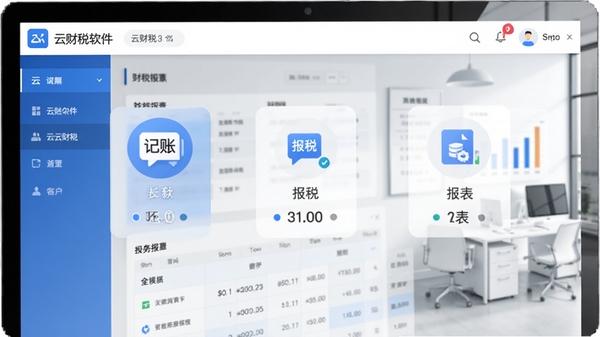 云财税软件主界面截图,展示清晰的记账、报税、报表模块图标,背景为现代简约办公风格,整体色调以蓝白为主,体现专业与科技感