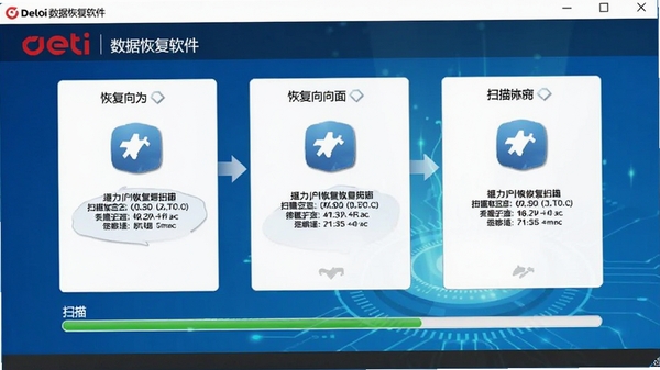 得力数据恢复软件主界面截图,展示清晰的恢复向导和扫描进度条,背景为科技蓝渐变色调