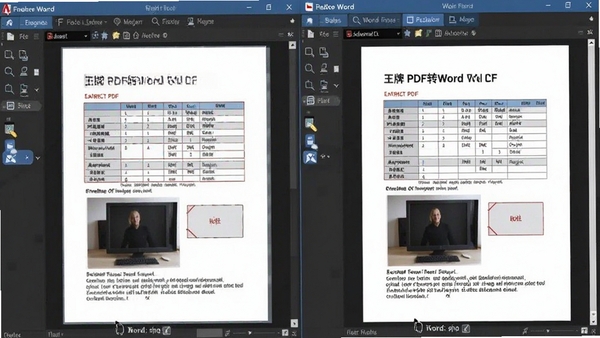 王牌PDF转Word转换前后对比图,左侧为原始PDF文件,右侧为转换后的Word文档,两者排版一致,表格和图片完整保留,视觉上展示软件的高还原度