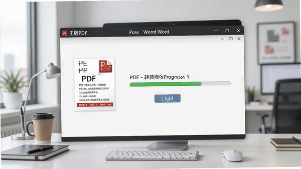 王牌PDF转Word软件界面截图,展示PDF转Word的清晰操作流程,背景为现代办公桌面,软件窗口高亮显示转换进度条,整体风格简洁专业