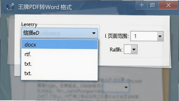 王牌PDF转Word格式选择菜单,下拉列表展示docx、rtf、txt等选项,旁边有页面范围设置框,界面友好,功能一目了然