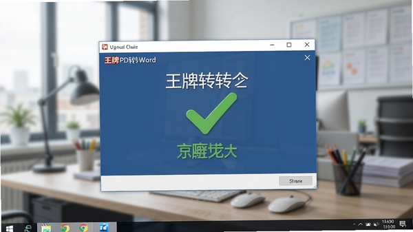 王牌PDF转Word软件运行在Windows桌面上的截图,背景为模糊的办公场景,软件窗口清晰显示转换完成状态,旁边有绿色对勾图标,整体氛围成功高效