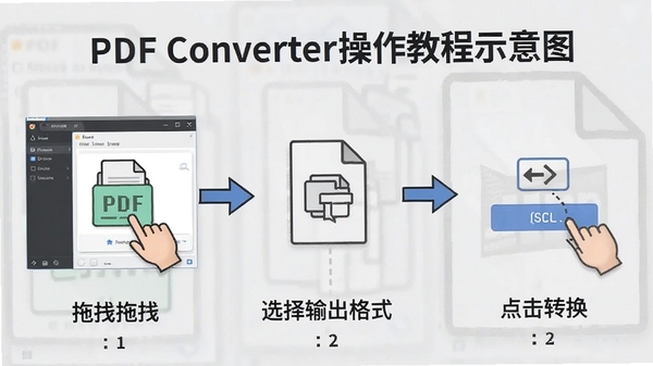 All PDF Converter�����̳�ʾ��ͼ��չʾ������ק�ļ���ѡ�������ʽ�����ת�����������裬������÷ֲ�ͼʾ������Ϊǳ��ɫ�����Ͻ̷̳��