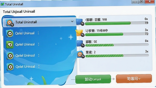 Total Uninstall ����ж�ؽ��棬ͬʱѡ�ж�����������ж�ذ�ť������չʾ���кͽ��ȣ�ɫ�����졣