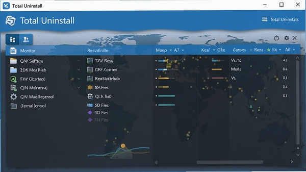 Total Uninstall ��װ��ؽ��棬��ʾ���ڼ�ص�������װ���̣��г������ļ���ע�������������ִ������ݿ��ӻ�����ɫ�����ס�