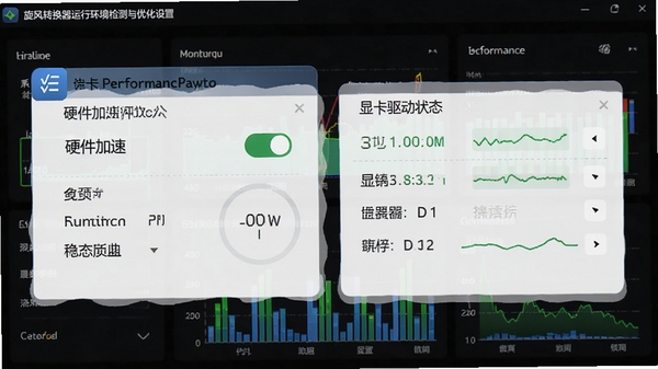 旋风转换器运行环境检测与优化设置界面,展示硬件加速开关和显卡驱动状态,背景为系统性能监控图表,强调稳定运行。