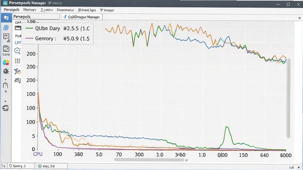 Persepolis Download Manager 性能监控图,显示内存占用和 CPU 使用率曲线,均处于低位,背景为系统任务管理器