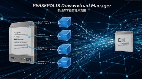 Persepolis Download Manager 多线程下载原理示意图,将文件分为多个蓝色数据块同时传输,背景为高速网络流动线条