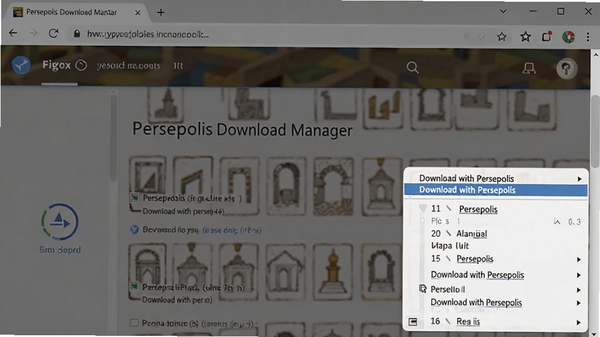 Persepolis Download Manager 浏览器右键菜单截图,显示“Download with Persepolis”选项,背景为浏览器页面