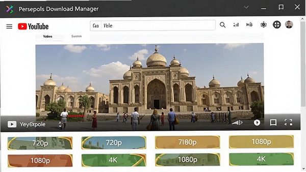 Persepolis Download Manager 视频下载界面,显示 YouTube 页面缩略图,下方列出多种清晰度选项按钮,如 720p、1080p、4K
