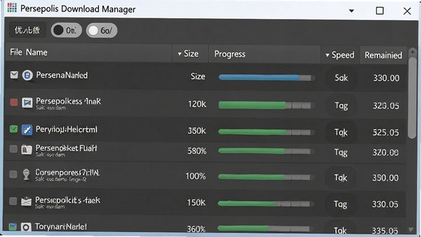 Persepolis Download Manager 任务管理面板,列表显示多个任务,包含文件名、大小、进度条、速度、剩余时间,顶部有优先级选项