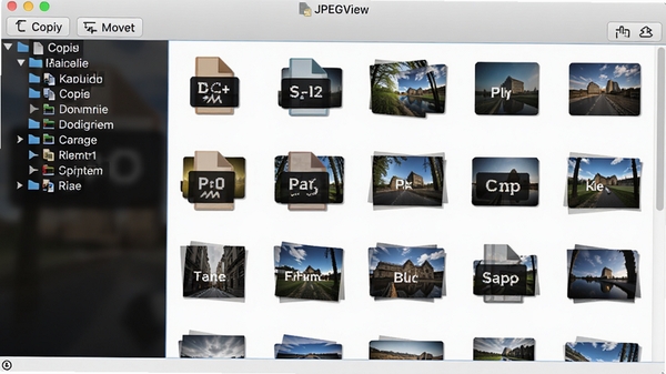 JPEGView文件管理界面,左侧树状目录,右侧图片缩略图网格,顶部有复制、移动、重命名按钮,图片文件带有格式图标,界面整洁