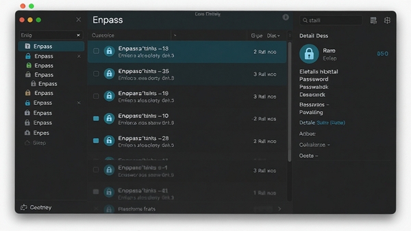 Enpass��������������������ͼ��չʾ���������ࡢ�м���Ŀ�б����Ҳ���ϸ��Ϣ��壬����ɾ��ִ�������ɫ��������Ϊ��ɫģʽ����ͼ���׺