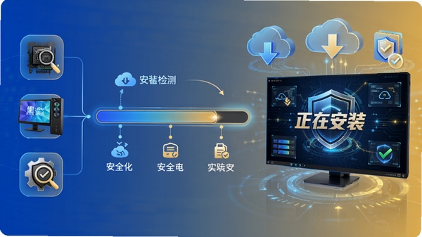黑鲨装机大师一键重装流程示意图,画面左侧为电脑硬件检测图标,中间为流畅的进度条与安装步骤指引,右侧显示“正在安装”的炫酷科技界面,整体色调为蓝色与金色渐变,突出快速、安全、智能的视觉感受,背景融入云下载与数据校验的抽象元素