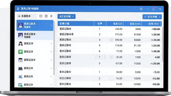 紫辰记账本电脑版的多账本管理界面,左侧显示多个账本列表,右侧展示当前账本的收支明细表格,界面采用蓝白配色,数据排列整齐,体现软件的条理性与高效性。