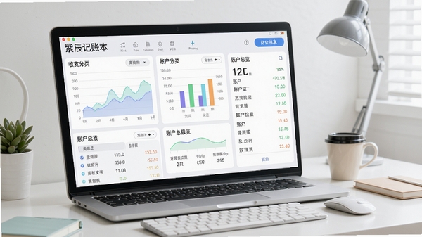 紫辰记账本电脑版主界面展示,展示清晰的收支分类图表与账户总览面板,背景为简约现代风格的工作桌面,色彩清新明快,突出软件的易用性与专业性。