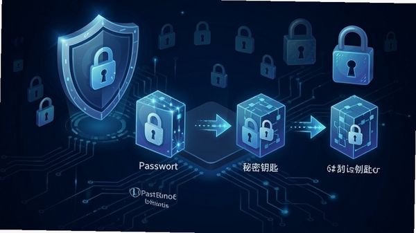 1Password安全架构示意图,展示主密码与秘密钥匙如何加密数据,背景有盾牌和锁的图标,科技感强,突出加密保护