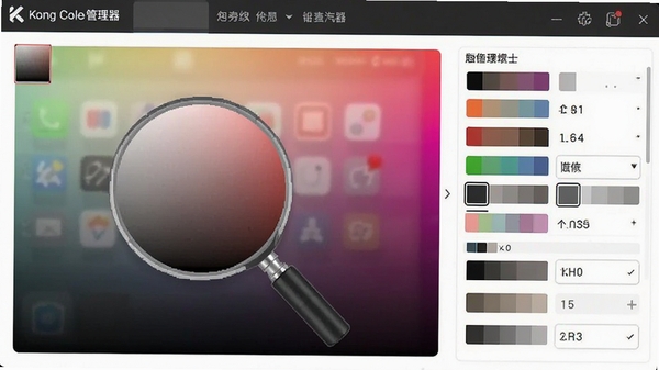 展示Kong颜色管理器屏幕取色功能的操作界面,包含放大镜取色效果和多种颜色格式输出面板,界面清晰直观。