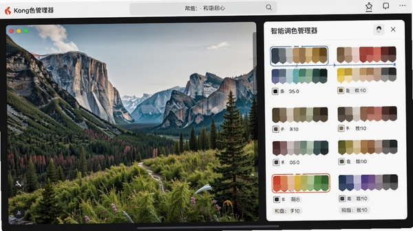 展示Kong颜色管理器智能调色板生成效果,从一张自然风景图片中提取出多组配色方案,界面展示色彩和谐搭配。