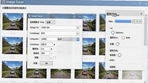 Image Tuner批量重命名和旋转功能演示,展示命名模板设置窗口和旋转方向选项,图片缩略图显示旋转后的效果,界面布局清晰。