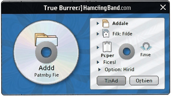 True Burner数据光盘刻录功能示意图,显示文件添加和刻录选项