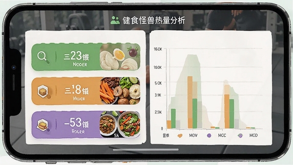 健身怪兽app饮食记录功能,显示三餐热量分析和营养比例图表,食物照片精美,健康风格,扁平化设计