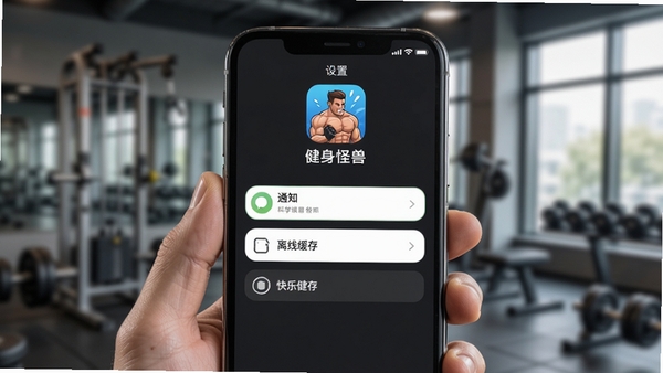 健身怪兽app设置页面,展示通知管理和离线缓存选项,手机界面清晰,配文“科学训练,快乐健身”