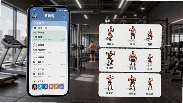 健身怪兽app智能生成训练计划,手机界面显示个性化课表和动作列表,背景为健身房场景,3D渲染