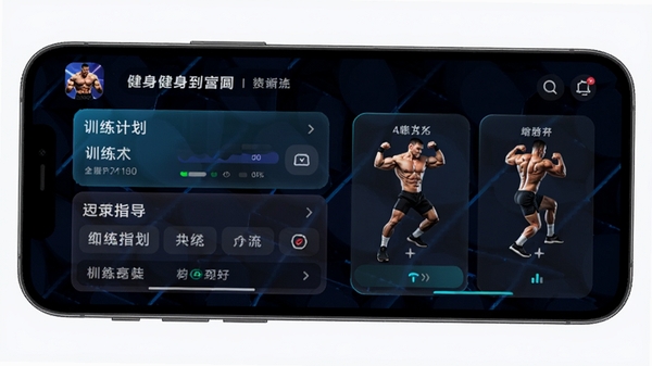 健身怪兽app界面展示,包含训练计划和动作指导,科技感与活力感结合,高清渲染