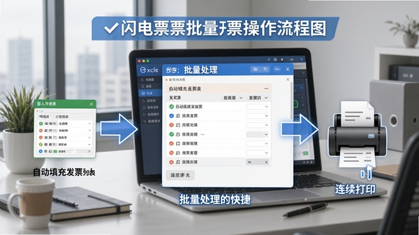���翪Ʊ������Ʊ��������ͼ��չʾ����Excel������Զ���䷢Ʊ�б���������ӡ�Ľ��棬��ͷָʾ�������裬����Ϊ�ִ��칫��������ͻ�����������Ŀ���ԡ�