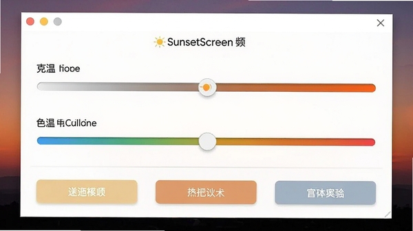 SunsetScreen���������ͼ��չʾ�����ڵ�������ɫ�µ��ڻ��飬����Ϊ����ƻ�ɫ����������������ͻ��������������Ҫ���ܰ�ť