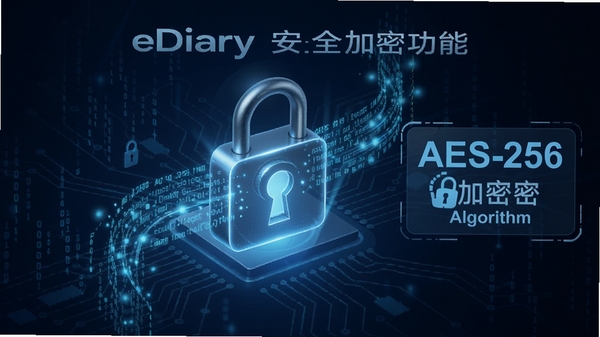 һ�Ź���eDiary��ȫ���ܹ��ܵ�ʾ��ͼ������������һ������ͼ�꣬��Χ�����������Ĺ�Ч������Ϊ����ɫ�Ƽ��з���Ҳ���AES-256�����㷨�����ֱ�ʶ�����崫�����ȫ���ɿ����Ӿ����ܡ�
