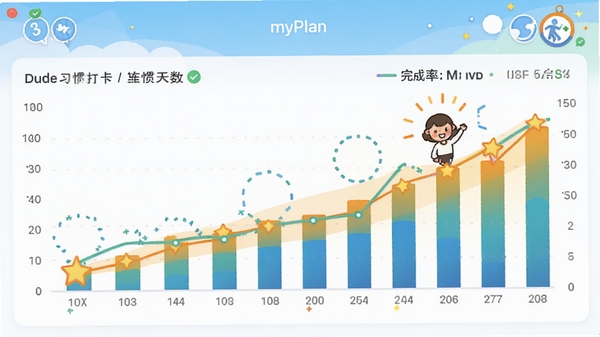 myPlan������Ŀ��׷��ͼ�����棬չʾϰ�ߴ򿨵���������������ʣ�ʹ����״ͼ������ͼ�������ƣ�������м���Ԫ�أ�ɫ�ʻ������ϣ��������������ĳɳ��켣��