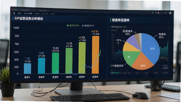 SIP运管话务分析模块界面,展示通话时长分布柱状图与接通率饼图,背景为办公桌面,色彩鲜艳,数据标签清晰,体现大数据分析能力