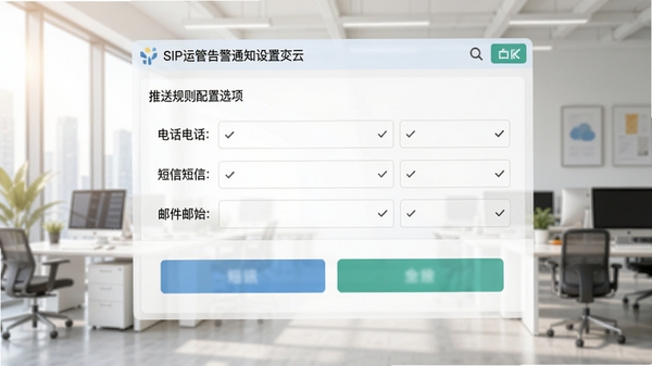 SIP运管告警通知设置页面,展示推送规则配置选项,包含电话、短信、邮件等通知方式,背景为明亮的办公环境,界面简洁,操作按钮醒目