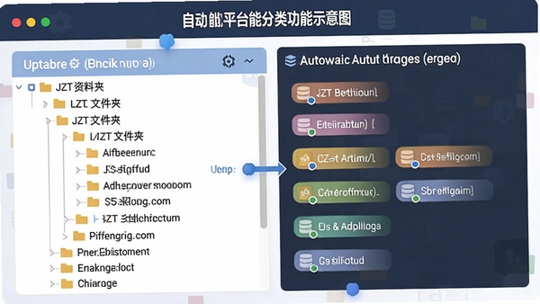 JZT资料平台智能分类功能示意图,左侧为自定义文件夹树状列表,右侧为自动标签推荐区域,界面简洁,强调自动化整理的便捷性