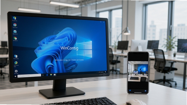 WinContig运行在Windows桌面上,旁边有手机显示远程控制界面,体现跨设备操作场景,背景为现代办公室环境