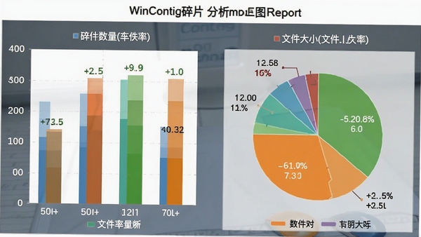 WinContig碎片分析报告图表,显示碎片数量、碎片率、文件大小,图表为柱状图与饼图结合,色彩清晰易读