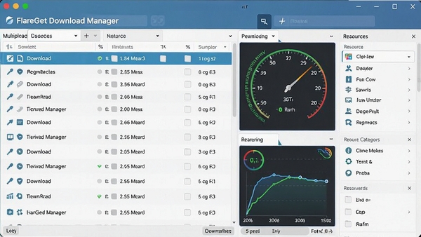 FlareGet Download Manager�������ͼ��չʾ�����������б���ʵʱ�ٶ����ߺ���Դ������壬���������ִ�