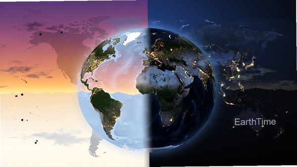EarthTime ��̬�����ֽЧ����չʾ��ͬʱ������ҹ�仯�������ɫ���䣬���еƹ���˸����ֽϸ�����