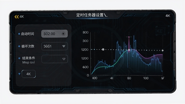 自动多指点击器的定时任务设置界面,显示启动时间、循环次数、结束条件等选项,背景为深色科技面板,时间轴图形化显示,4K高清