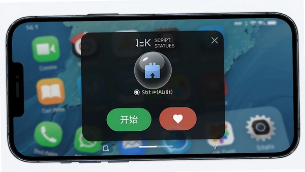 自动多指点击器在手机桌面上运行的悬浮窗控制界面,显示开始/停止按钮和脚本状态,背景为手机主屏幕,清晰展示悬浮球位置,4K高清