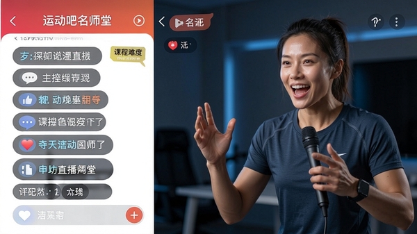 运动吧名师堂APP内名师正在进行直播教学,界面显示互动弹幕与课程难度标识,画面专业且富有激情