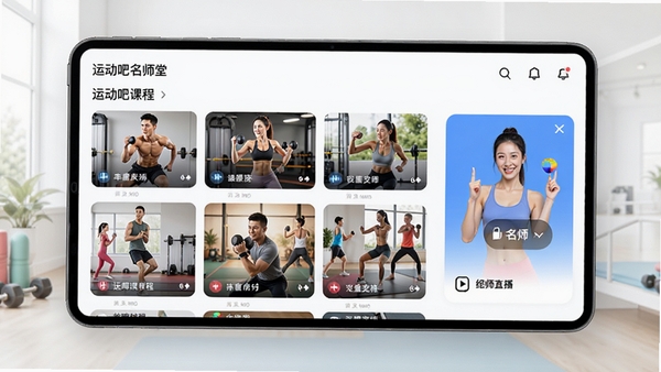 运动吧名师堂软件界面展示图,展示其丰富的健身课程列表与名师直播入口,画面明亮清晰,充满活力,风格现代简约