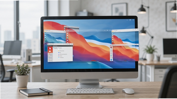 WindowManager窗口记忆功能示意图,多个窗口在重启后自动恢复到原位置,桌面呈现整齐划一的布局,背景为办公场景,体现高效与便捷。